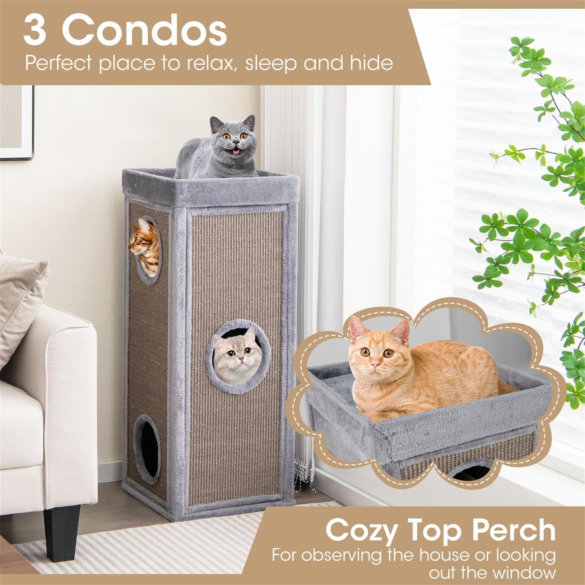 Kadyn 39" Indoor Cat Cave Bed, Cat House Scratcher Furniture, Cat Condo with Scratching Posts, 3 Hideaways, 4 Soft Plush Cushions, Gray