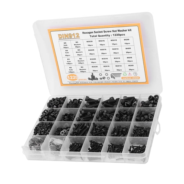 Kit 1220 Piezas Kit De Arandelas De Tuercas De Tornillo Con Cabeza Hexagonal Surtido De Cabeza De Tapa Acero Al Carbono M2 M3 M4 M5 Negro