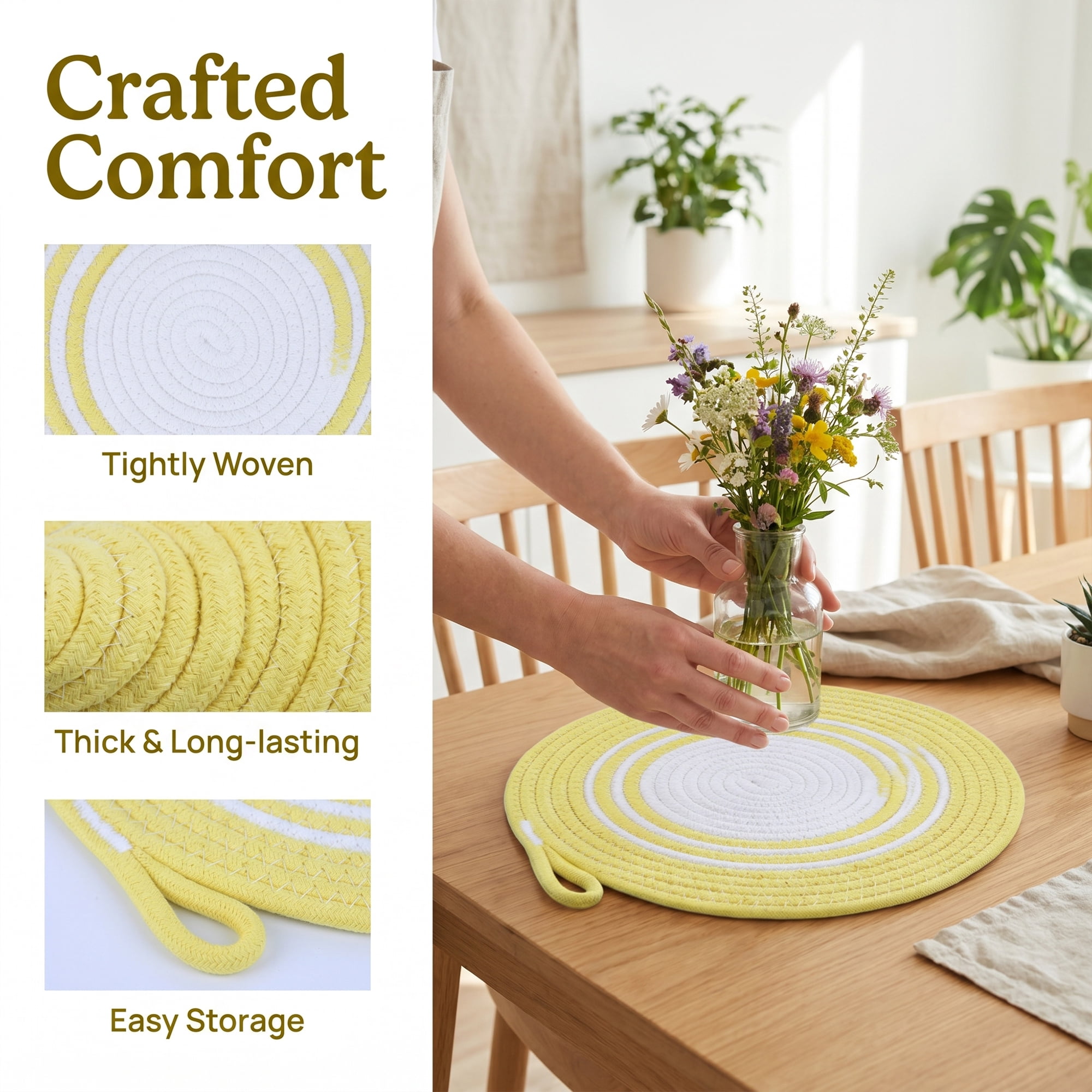 Unique Bargains 6Pcs Woven Dining Table Decor Round Placemats Yellow 11.8x11.8in