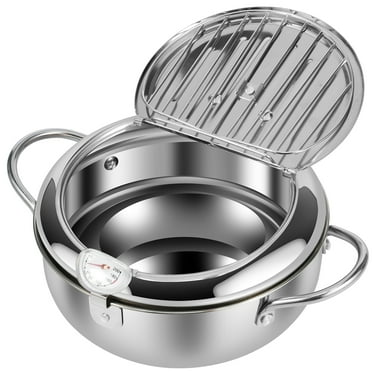 Deep Fryer Pot with Strainer Basket and Thermometer Stainless Steel Deep Frying Pot with Handle 3 Sizes Oil Mini Fryer Dishwasher Safe Deep Frying Oil Container for Frying Fish Shrimp Chicken