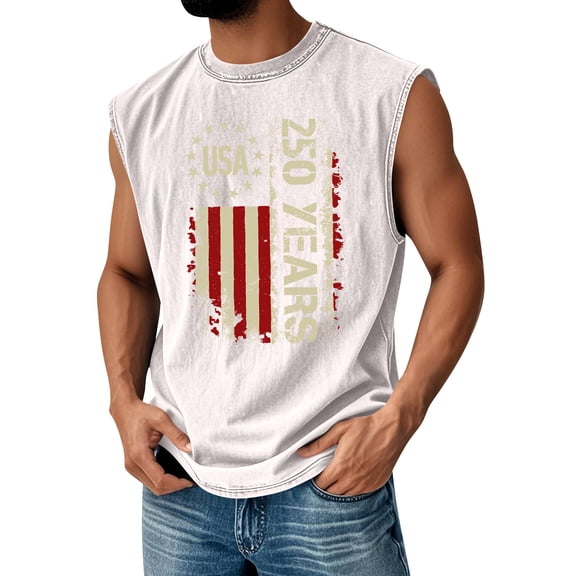 Havenx 250 Anniversary Usa Shirt for Men American Flag Design Sleeveless Shirts Crewneck Distressed Tank Top Freedom We the People Classic Summer Tee Tops,White S
