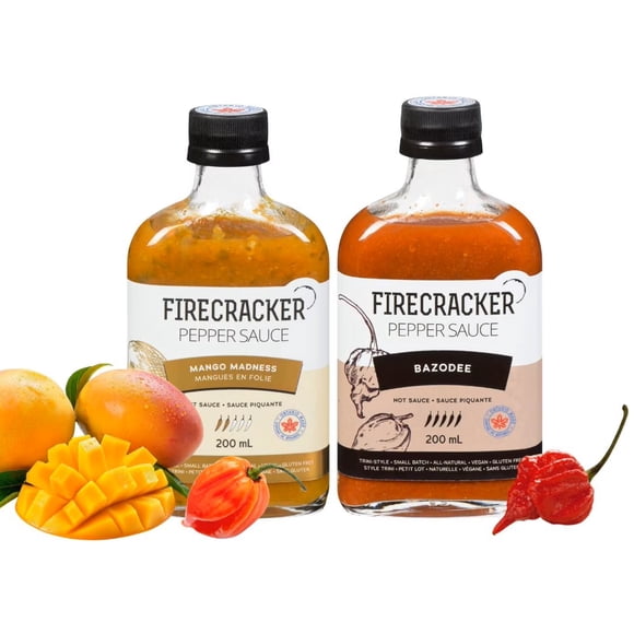 Firecracker Pepper Sauce Milder to Wilder Ensemble de 2 - Mangue Folie 200 ml et Bazodee 200 ml