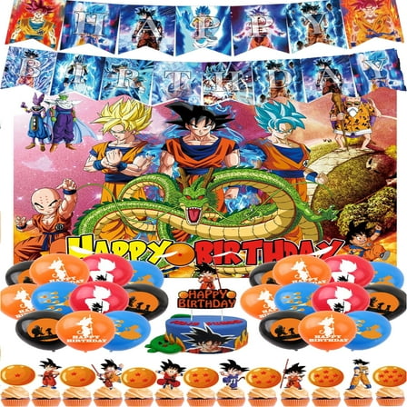 Birthday Party Supplies Set with Dragon Ball Themed, Including Happy Birthday Banners,Background Flag,Cupcake Toppers, Balloons, Party Decor Set.