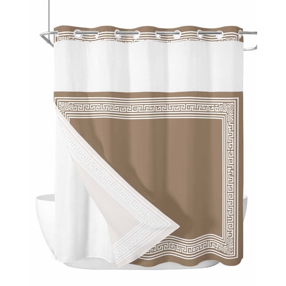 No Hook Cloth Fabric Shower Curtain with Snap in Liner, Brown Geometric Waterproof Shower Curtains Set with See Through Top Window, Vintage Greece Key Bath Curtains Shower 66"x72"