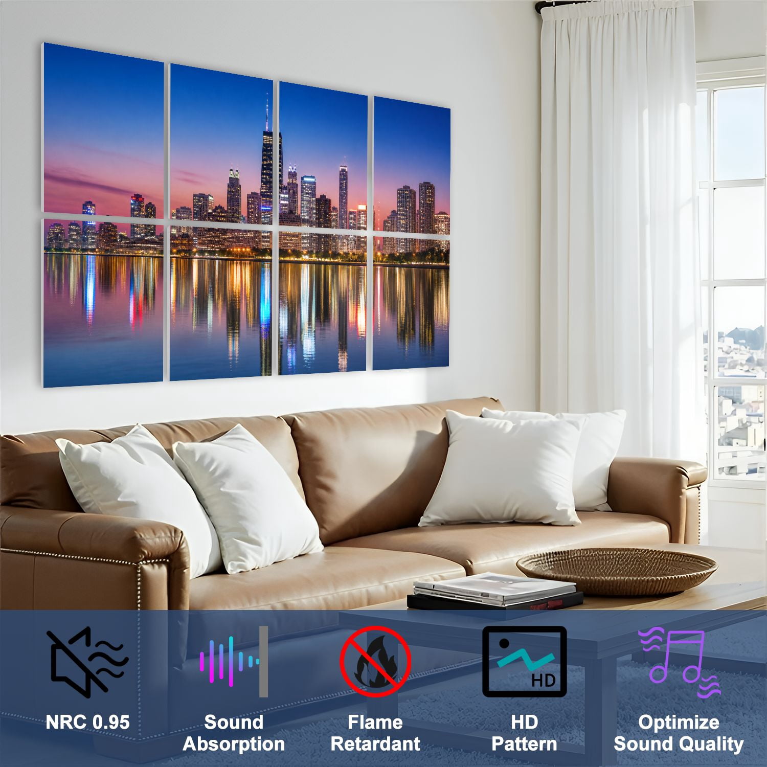 8 Pack Art Acoustic Panels Sound Absorbing Chicago Cityscape Lake Michigan Night Decorative Soundproof Wall Panels Self Adhesive for Nursery Game Room Bedroom 48"x32"