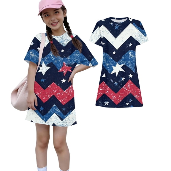 Grblisyd Girls 4th of July Dress Kids USA Star Striped Dresses American Flag A-line Dress Independence Day Crew Neck Short Sleeve Patriotic Outfit 7-8y