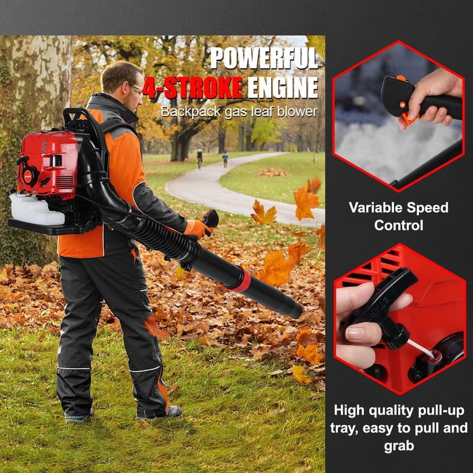 75.6CC Backpack Leaf Blower – Gas Powered 5HP 4-Cycle 900CFM 210MPH High Airflow, Ergonomic Design, Low Vibration, and Cruise Control, Leaf Blower for Lawn Care