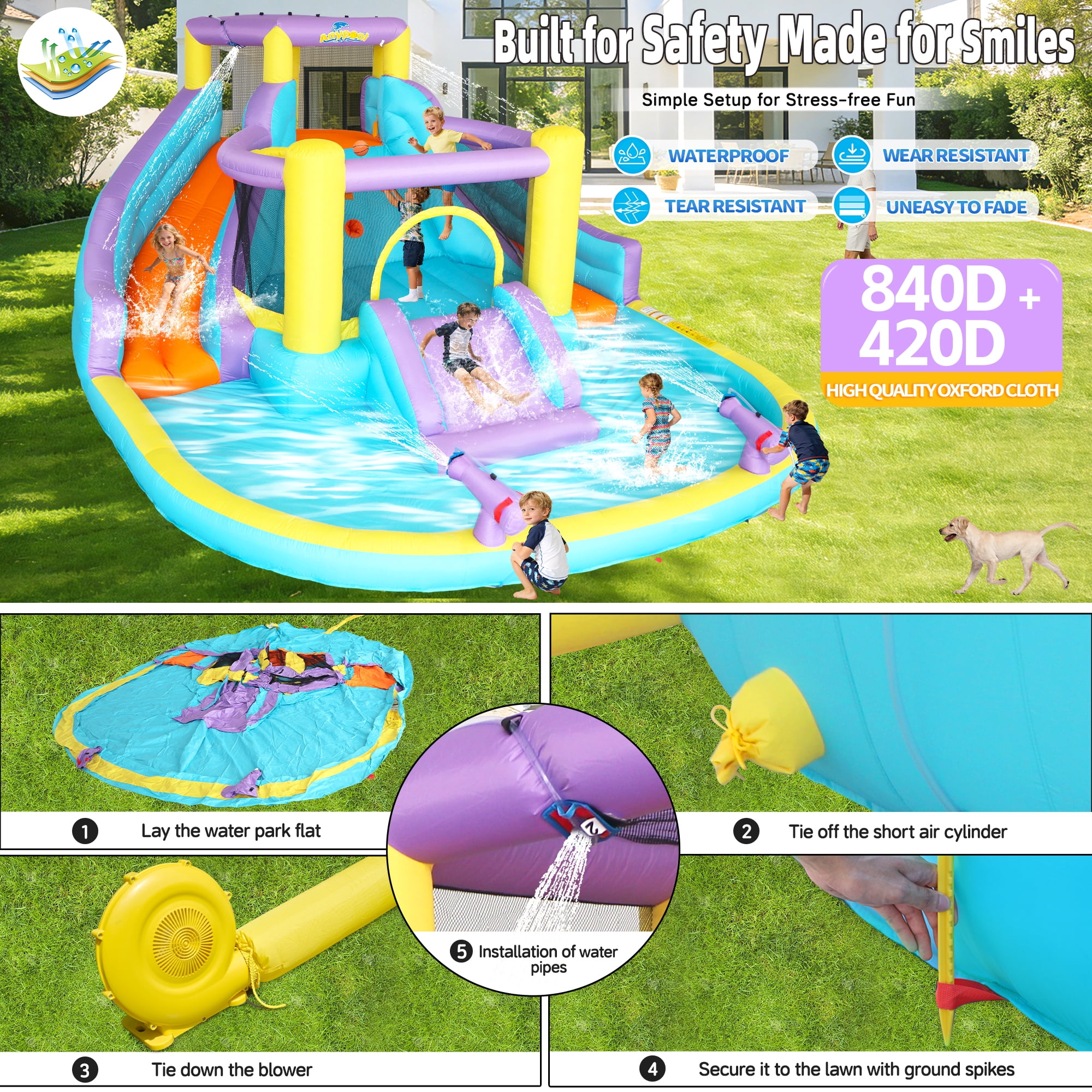 Anypool 7-in-1 Inflatable Water Slide Bounce House with 3 Slides, Splash Pool, Climbing Wall, Water Gun & Basketball 168 x 150 x 78 inches 520W Blower Outdoor Backyard Fun