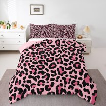 Homewish Fashion Cheetah Print Queen Comforter Set for Teen, Leopard Animal Bedding Sets, Romantic Valentines Day Reversible Bedding Comforter Set, Microfiber Bedroom Decor, 3 Pieces