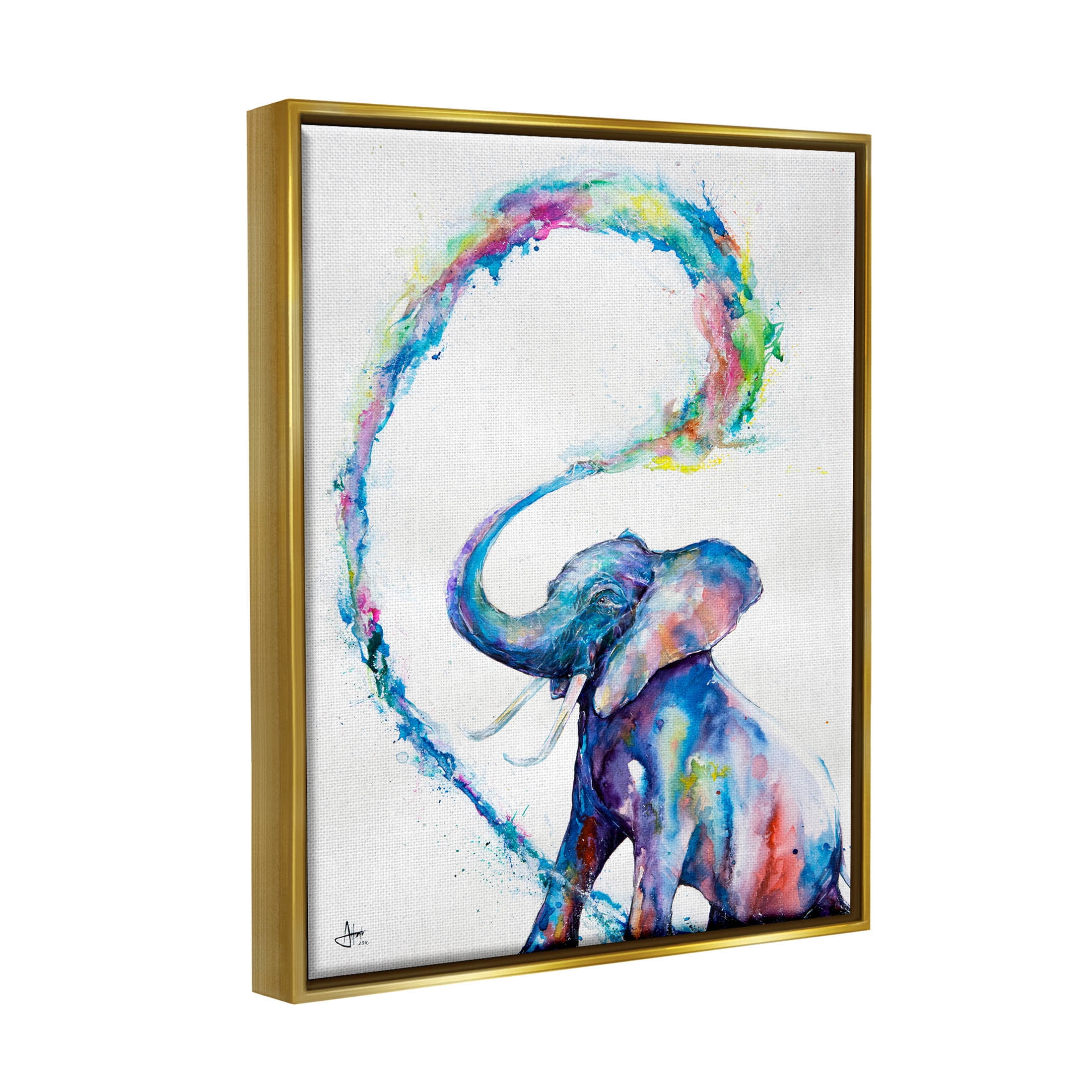 Modern Rainbow Elephant Splash Animals & Insects Graphic Art Metallic Gold Framed Art Print Wall Art