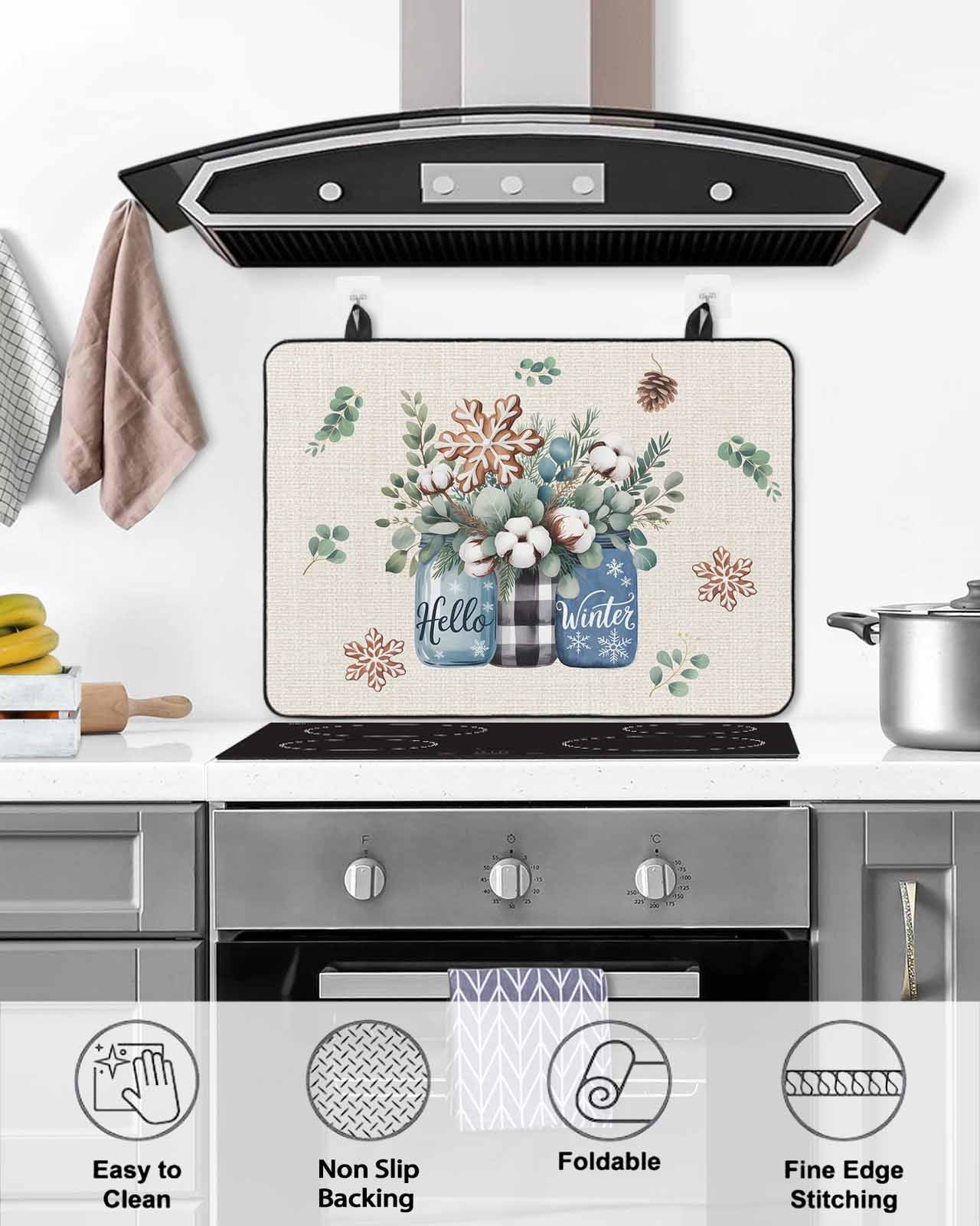 Large Induction Cooktop Protector Mat Christmas Stove Top Covers for Electric Stove, Retro Snowflakes Floral Eucalyptus Leaves Decorative Stove Burner Cover Mats, Glass Top Stove Cover