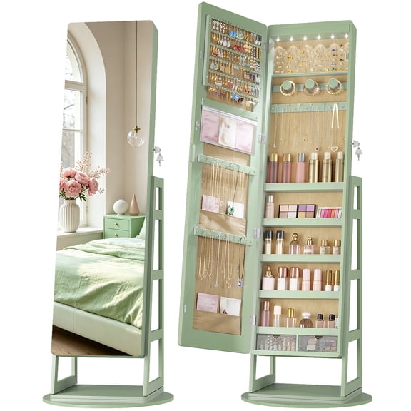 VKCC Standing Jewelry Mirror Organizer,360°Swivel Jewelry Armoire,Full Length Mirror with Jewelry Storage,Lockable Jewelry Armoire,Green