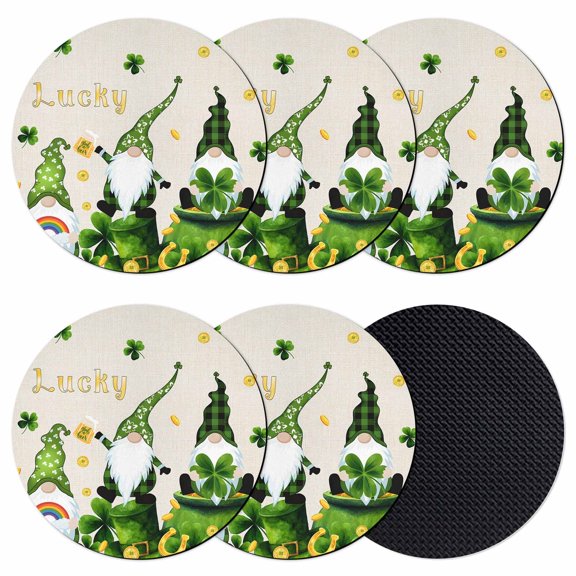 St. Patrick's Day Coasters Set of 6, Absorbent Coasters for Drinks, Green Gnomes Gold Coin Shamrock Beige Coaster for Desk Coffee Table Protection, Home Decor House Warming Gifts 4"