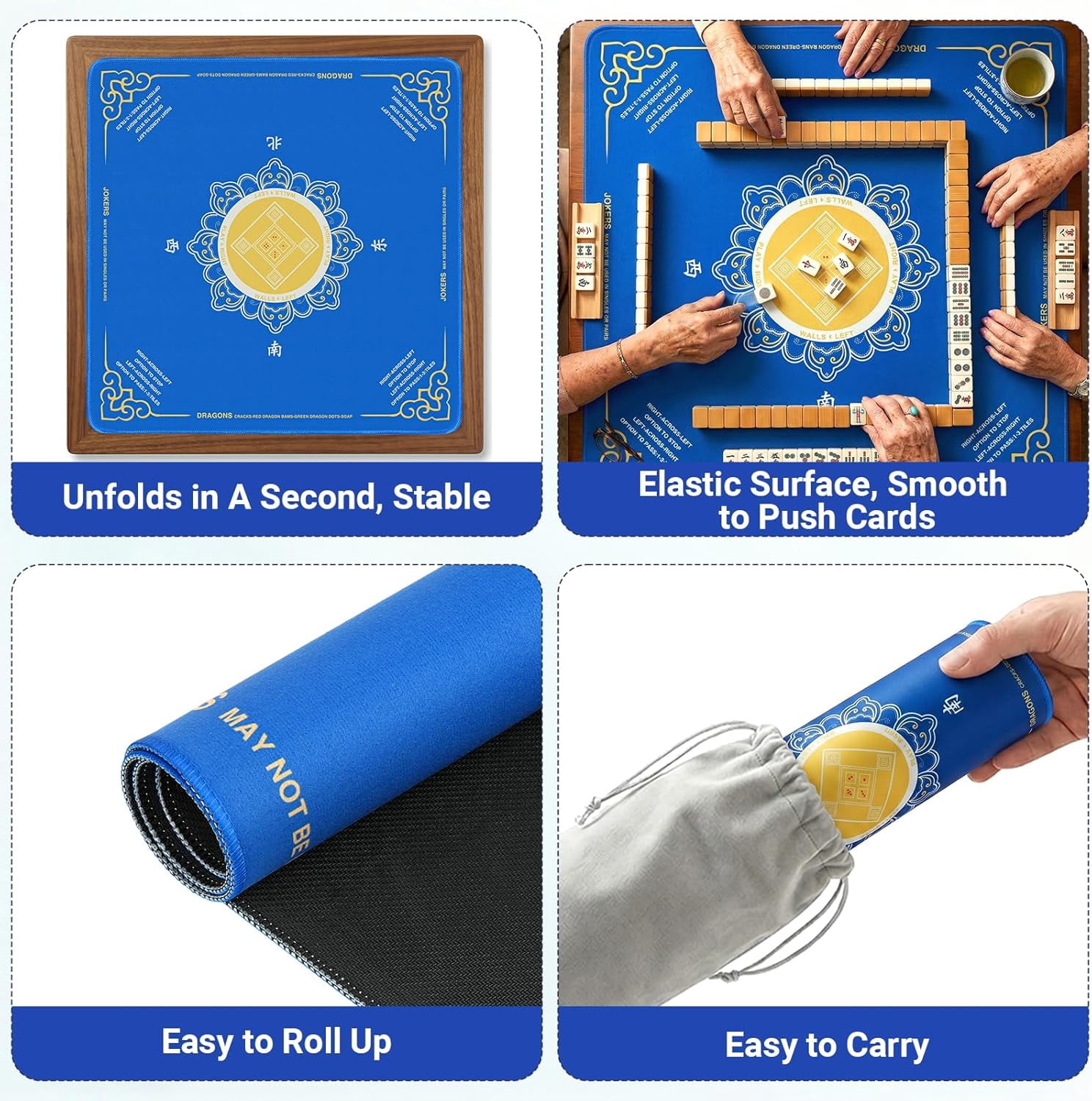 Mahjong Mat with Rules, 32.2 Inch Square Mahjong Mats for Table, Noise Reduction Mah Jong Mat, Rubber Anti-Slip Base for Board Games, Tiles Game & Dominoes Blue Flowers