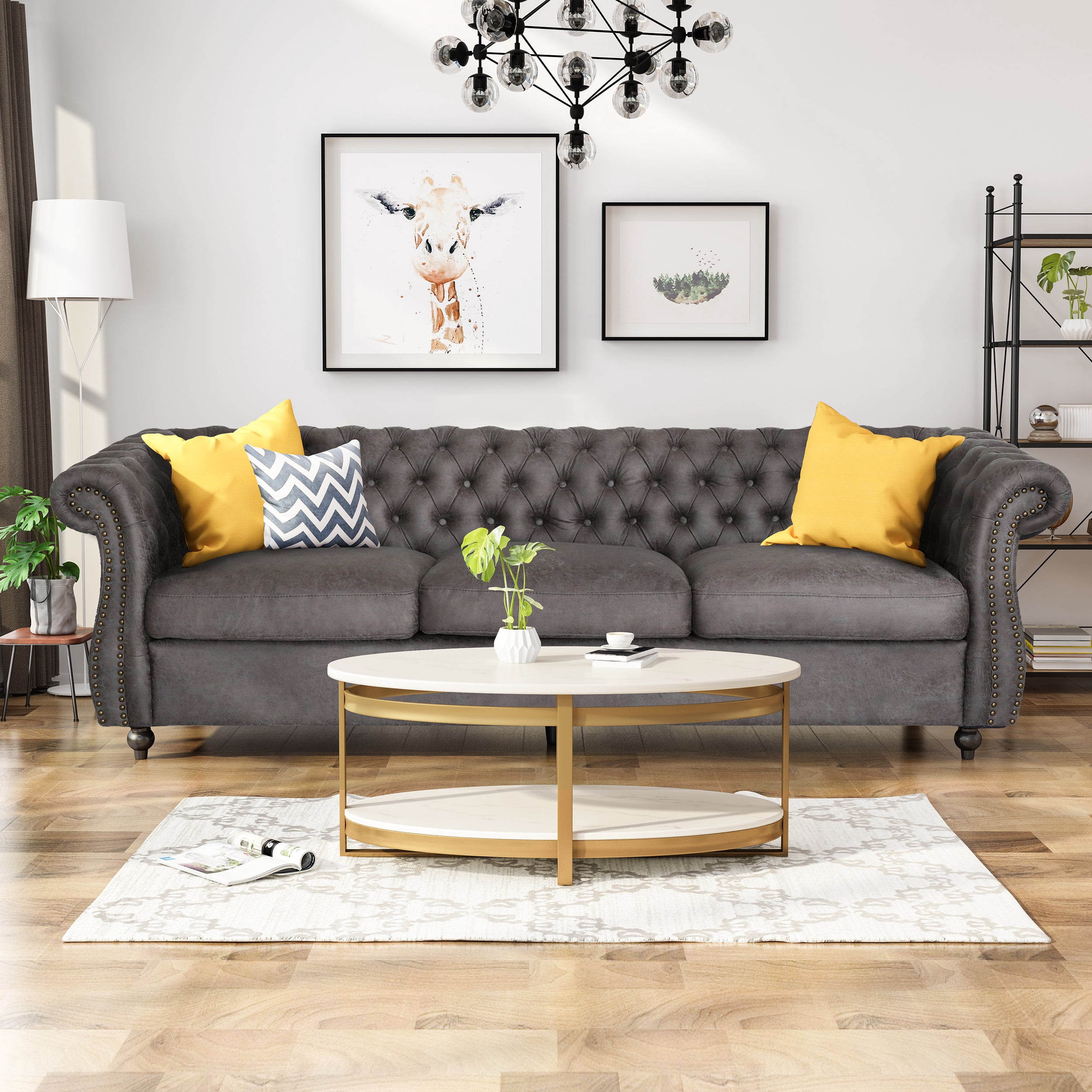 Noble House Aaniya Tufted Microfiber Sofa, Slate, Dark Brown