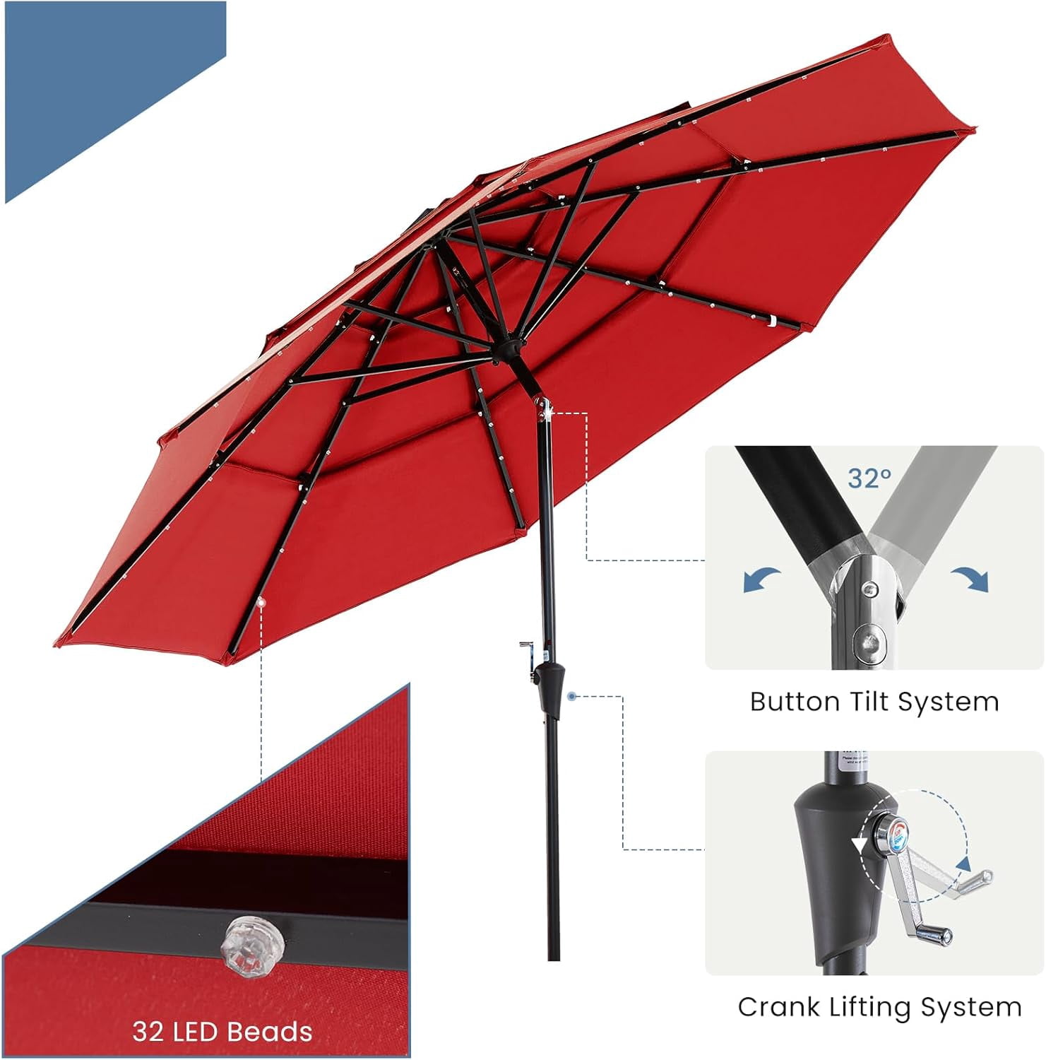 JIOABL 10FT Solar Patio Umbrella with 32 LED Lights, Tilt and Vent, 8 Ribs for Garden, Deck, Patio, Red
