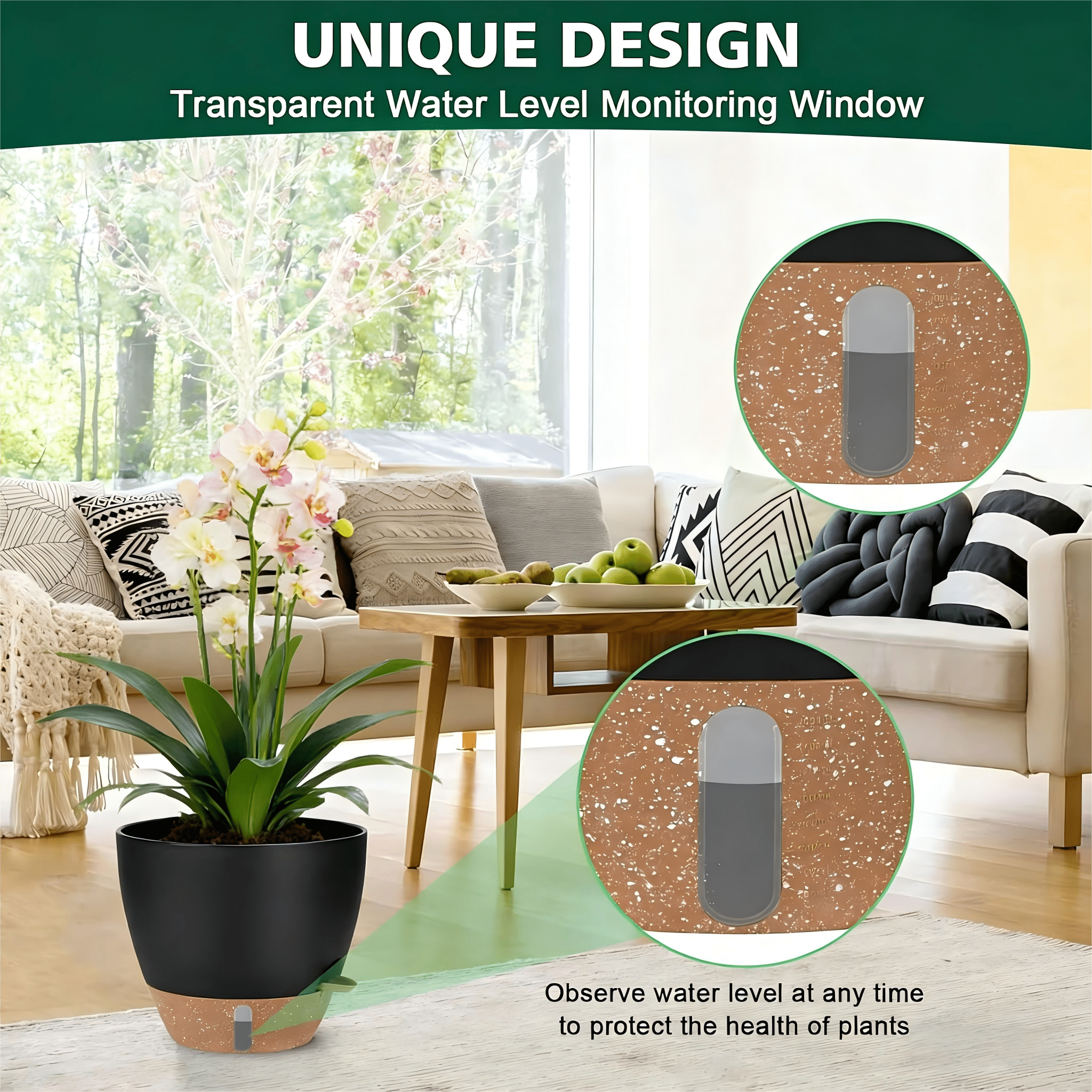 Lopxenu Self-Watering Plant Pots with Water Level Indicator, Set of 4 Flower Planters with Drainage Holes & Saucers, 12/10/9/8 Inch Large Plastic Planter Set for Indoor & Outdoor Plants ( Black)