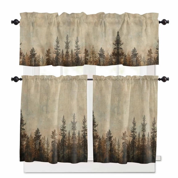 Forest Tree Kitchen Curtains and Valances Set, 3 Piece Kitchen Curtains Set 24 Inch Length, Modern Vintage Winter Fall Natural Plant Rod Pocket Curtains Tier Farmhouse Window Curtains