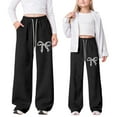 thumbnail image 2 of lnmuld Girls Leopard Dot Bow Print Wide Leg Sweatpants Solid Fabric Elastic Waist Dual Side Pockets Soft Knit Girly Casual Trousers Color:Black,Size:8-9 Years, 2 of 3