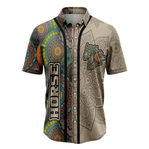 DIQADILA Horse Mandala Aloha Hawaiian Short Sleeve Button-Up Shirt