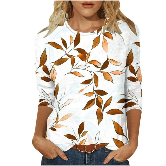 Ruimatai Women's Fashion Printing T-Shirt Large Size Round Neck 3/4 Sleeve Soft Comfortable Casual Blouse Top