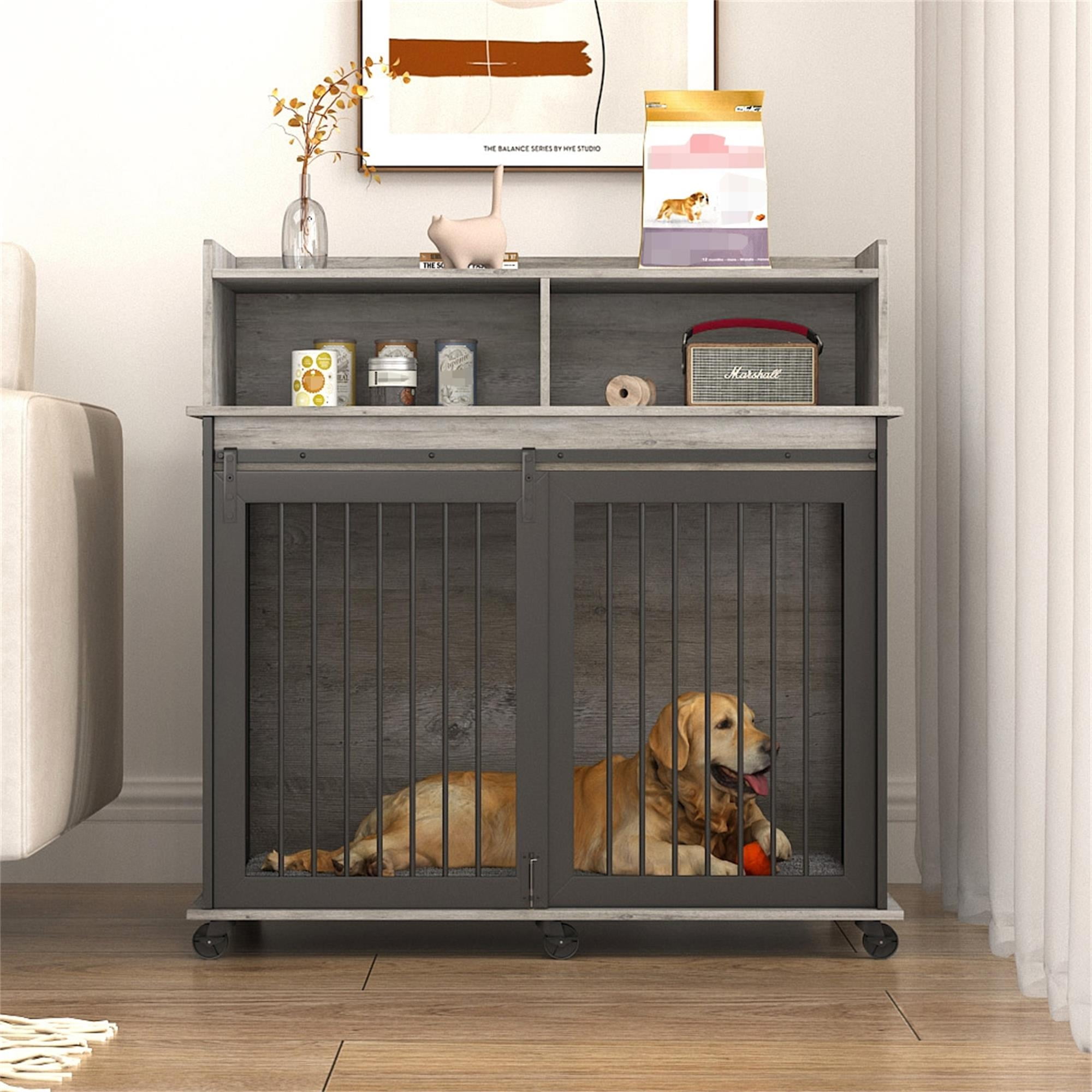 Pefilos 43" Heavy Duty Dog Crate for Medium Dogs with Cabinet, Furniture Style Dog House with Wheels, Indoor Dog Cage Sliding Frame Iron Door with Mat, Gray Pefilos 43" Heavy Duty Dog Crate for Medium Dogs with Cabinet, Furniture Style Dog House with Wheels, Indoor Dog Cage Sliding Frame Iron Door with Mat, Gray