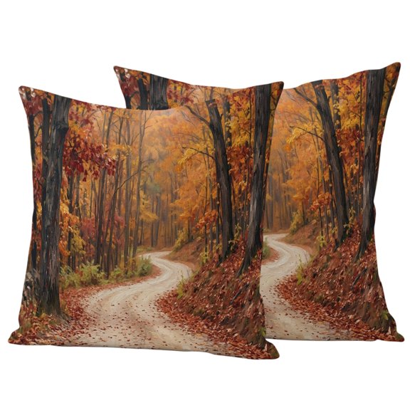 Fall Forest Outdoor Pillow Covers 18x18 Set of 2, Waterproof Patio Throw Pillowcase Protectors, Orange Tree Leaves Rustic Path Vintage Square Decorative Pillow Shams Cushion Covers for Seat Bed Couch