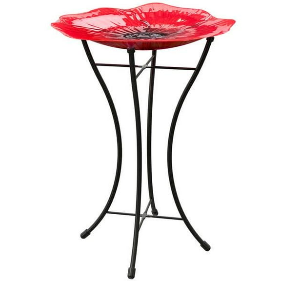 Panacea Red Poppy Glass Birdbath with Stand