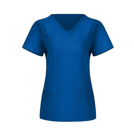 

CYMMPU Short Sleeve Scrub_Tops with Pockets Clearance Women s Fashion Retro Solid Color Trendy Clothing Shirts Summer Tunic Nurse Uniform Workwear V-Neck Working Uniform Blue S