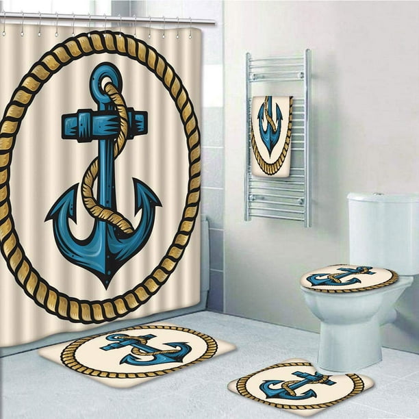 Prtau Anchor Sailor With Circular Rope Anchor Antique Maritime Nautical 5 Piece Bathroom Set Shower Curtain Bath Towel Bath Rug Contour Mat And Toilet Lid Cover Walmart Com Walmart Com