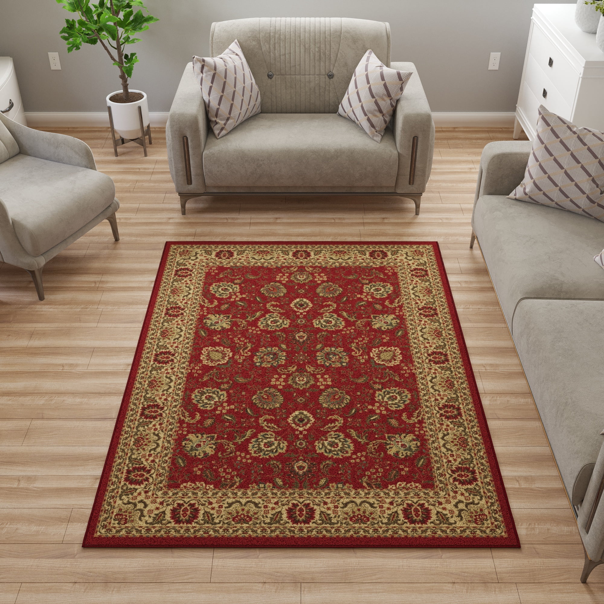 Ottomanson Floral Area Rug 5' x 6'6" - Non Slip Low Pile Carpet, Red