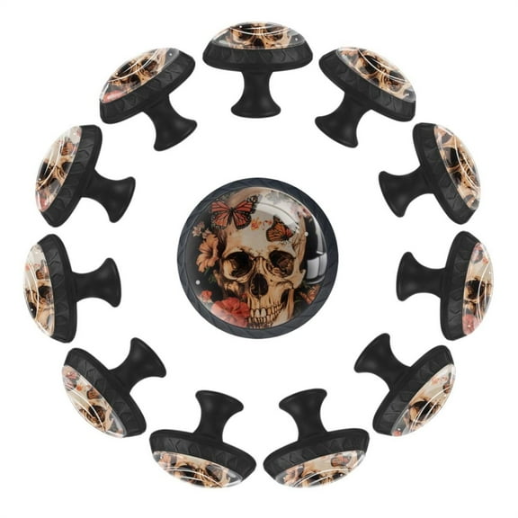 12 Pcs Cabinet Knobs Vintage Art Skull Floral Plant Butterflies, Round Crystal Glass Drawer Dresser Wardrobe Handles Pulls Door Cupboard Hardware Knob with Screws for Home Kitchen
