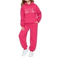 thumbnail image 1 of Conjunto de sudadera con capucha de manga larga para niños con estampado en forma de corazón y pantalones deportivos con lazo en las piernas, conjunto deportivo informal de dos piezas para niños, poli, 1 of 5