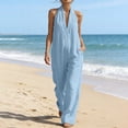 thumbnail image 2 of YuXingFu Jumpsuit Wide Leg Petite Women's Solid Color Sleeveless Linen Wide-Leg Loose Deep V-Neck Casual Vacation Jumpsuit Light Blue XXL, 2 of 9