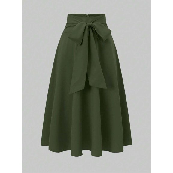 Army Green Womens A-Line Midi Skirt With Front Bow Tie Waist, Casual And Dressy