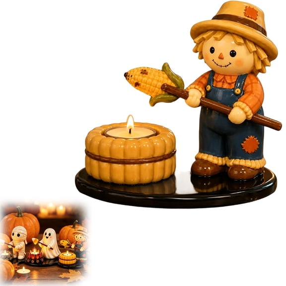🌾 Halloween Scarecrow Campfire Candle Holder, Fall Tealight Holder with Scarecrow Figurine, Resin Candle Holder Halloween Table Decor for Mantel Shelf Coffee Bar