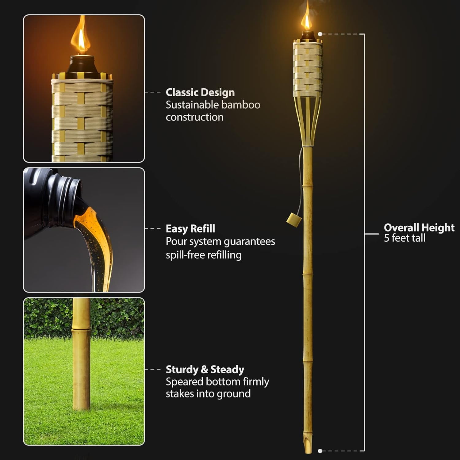 Torches for Outside Mosquitos Repellent - 5 Ft. Tall - (12 Pack) - Decorative Garden & Backyard Lights - Mosquito Torches Outdoor - Oil Lamp for Citronella - Flame Lasts Over 8 Hours