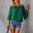 thumbnail image 2 of Women Off Shoulder Top 3/4 Bell Sleeves Loose Fit Elastic Neckline Lining Inside Summer Blouse Blackish Green S, 2 of 8