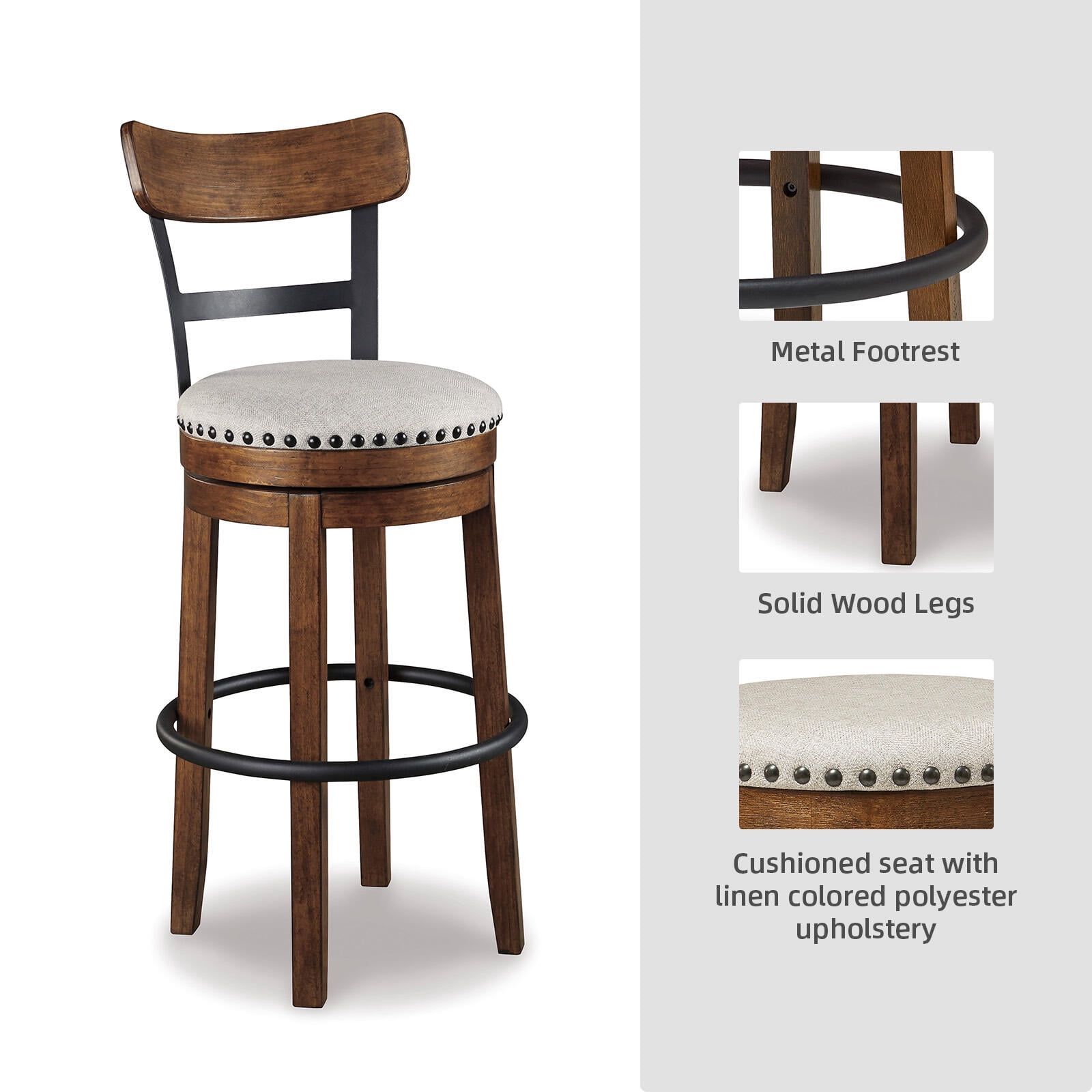 Signature Design by Ashley Valebeck Swivel Bar Stool, Brown, Upholstered Pub Height Chair with 360-Degree Swivel and Linen Fabric Seat