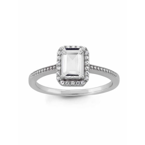 White Topaz and CZ Sterling Silver Emerald-Cut Halo Ring