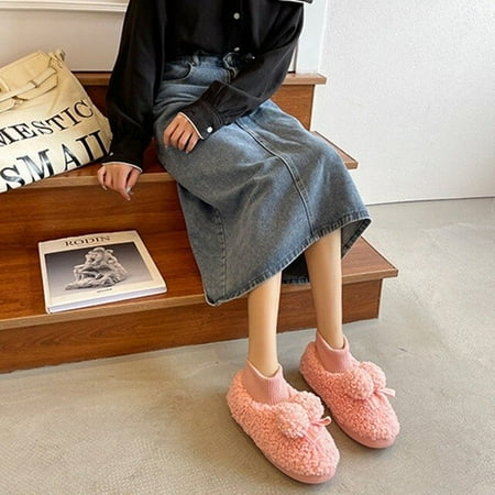 

QWZNDZGR New Winter Cute Bowknot Designer House Women Fur Slippers Floor Mute Bedroom Lovers Warm Plush Shoes Indoor Ladies Fluffy Slides