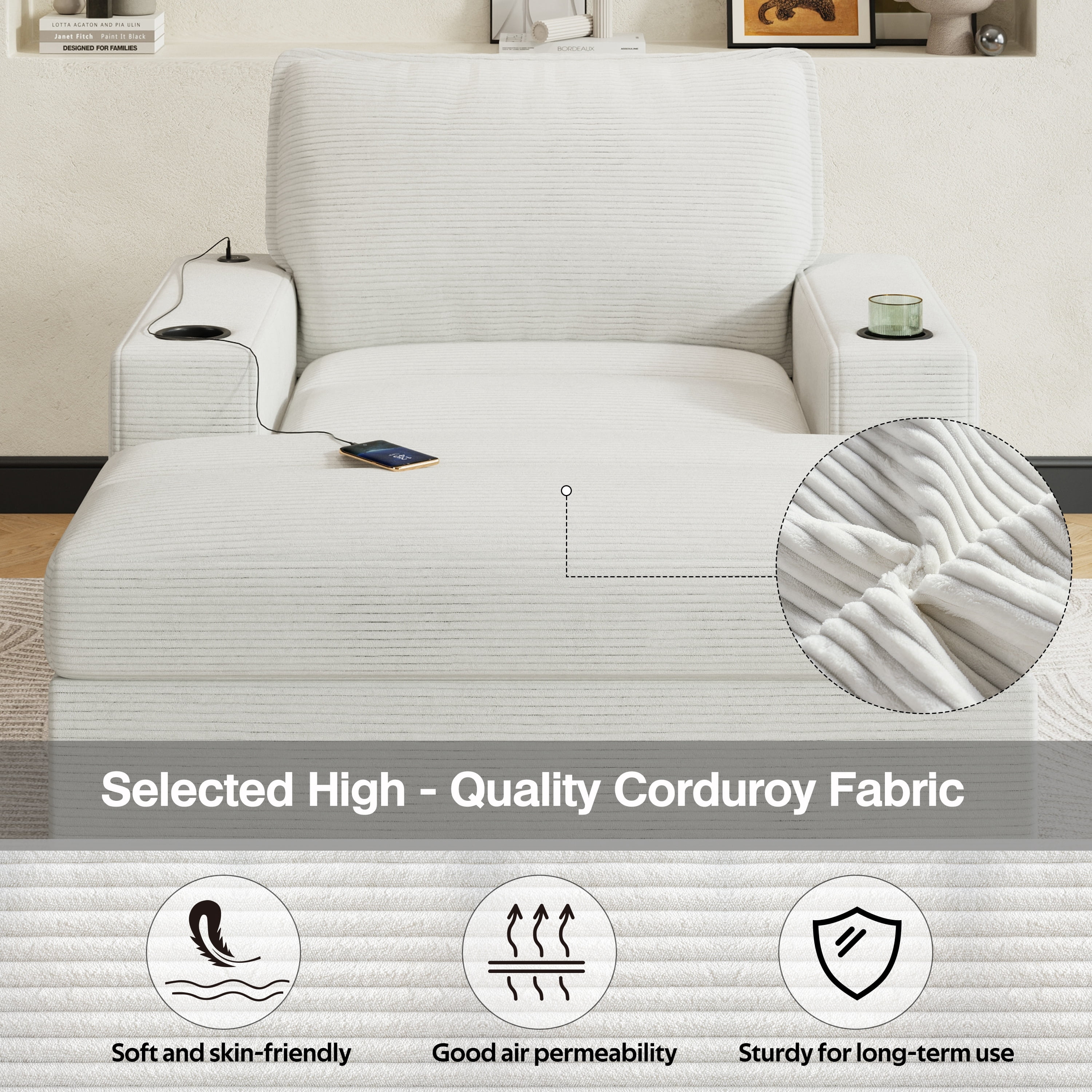 avobird 42.8" Chaise Lounge Chair with Storage Ottoman, Corduroy Sofa Bed with Cup Holders & USB Charging Port, Upholstered Sleeper Chair for Living Room, Beige