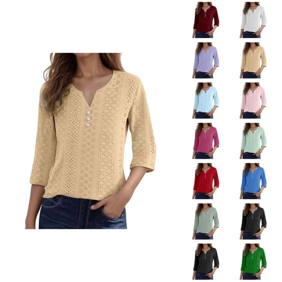 3/4 Length Sleeve Womens Tops 2026 Trendy Casual V Neck Jacquard Hollow out Plain Tshirt Womens Blouses