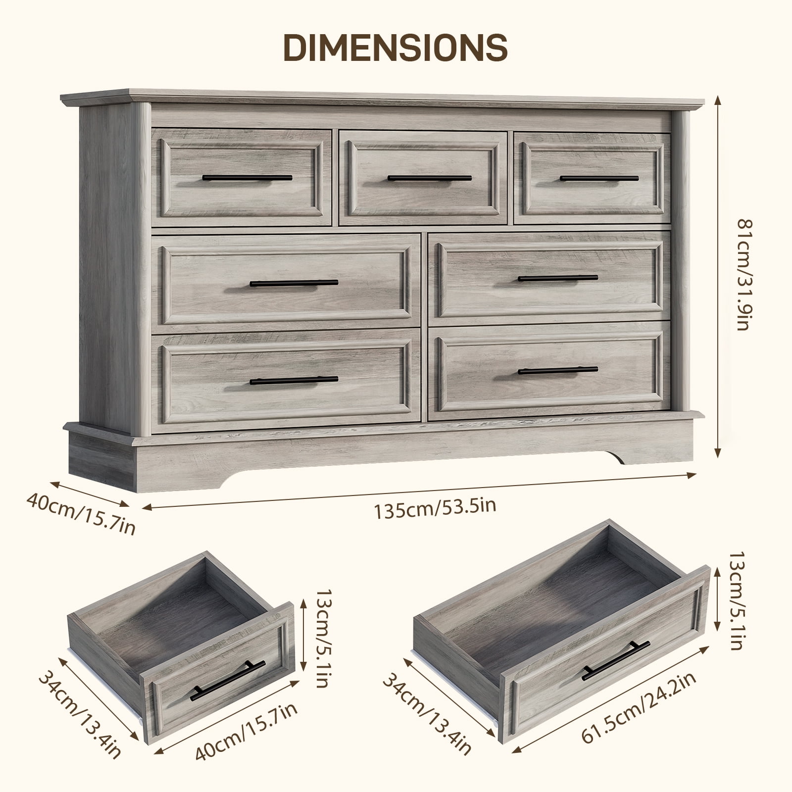 Holliwill 7 Drawers Dresser for Bedroom, Farmhouse 54" Wide Dresser Wood Chest of Drawers for Living Room, Rustic Grey