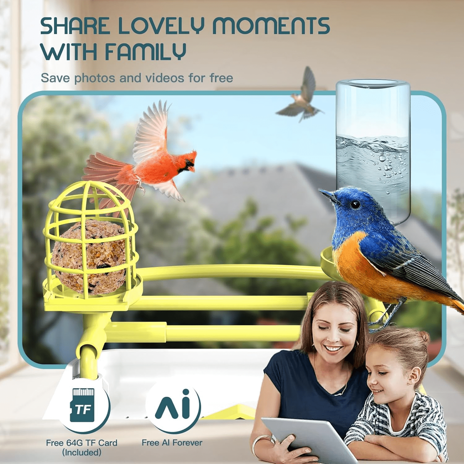 Smart Bird Feeder with Camera, Free AI Forever for 11,000+ Bird Species, 64G TF Card & 1080P HD, Solar-Powered Wireless Outdoor Bird Feeder, App Alerts & Two-Way Audio for Garden Bird Watching
