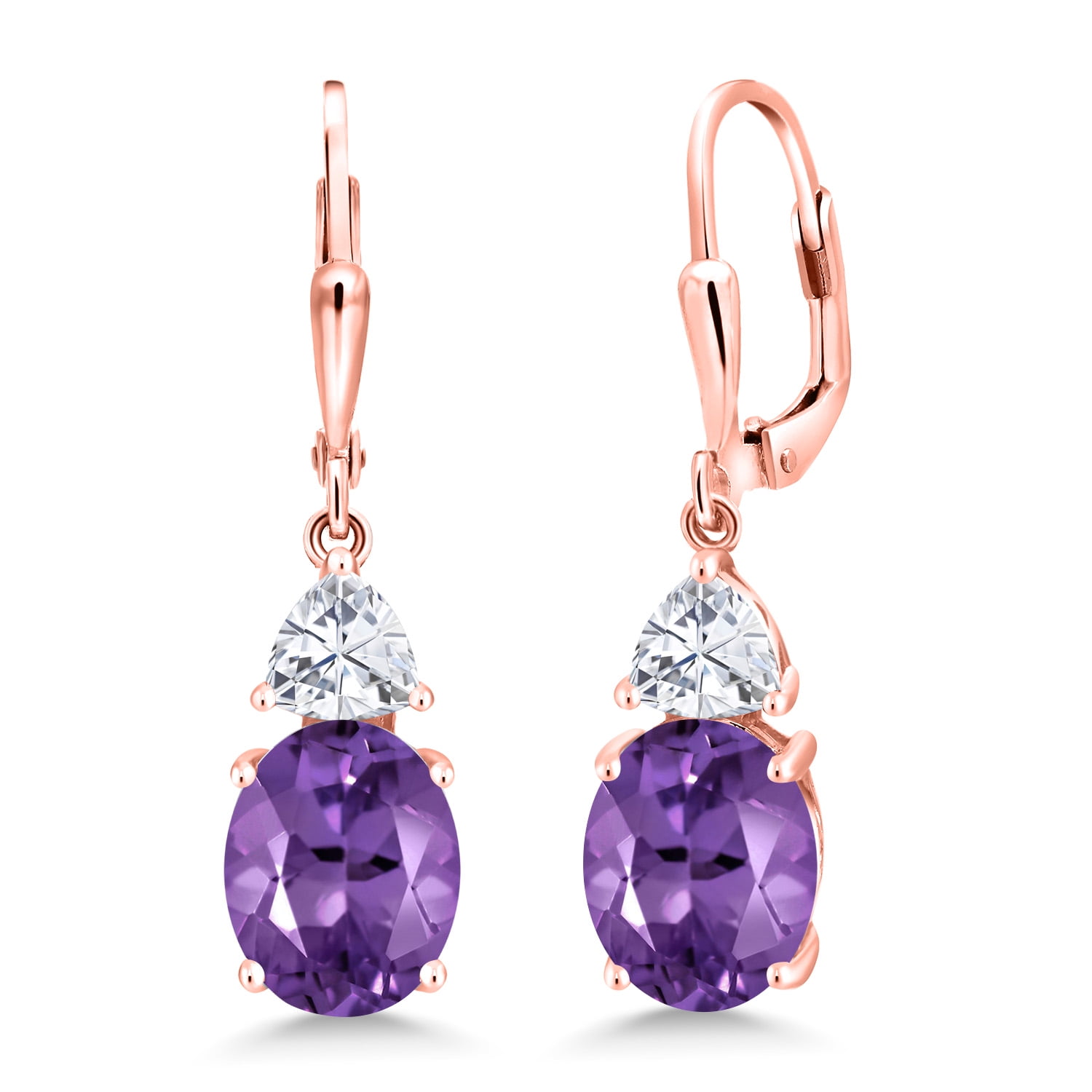 Gem Stone King 18K Rose Gold Plated Silver Purple Amethyst and White Moissanite Dangle Earrings for Women (5.54 Cttw, Gemstone February Birthstone, Oval 10X8MM, Trillion 5MM)
