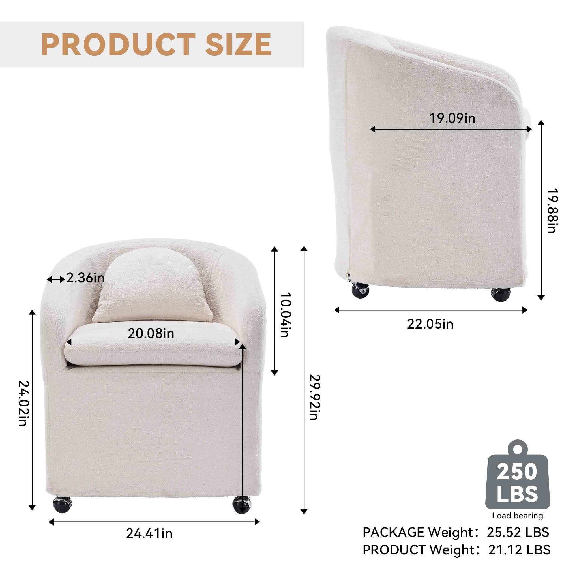 MAYEERTY Set of 1 Chenille Fabric Dining Armchair, with Back Cushion & Universal Wheels, Beige