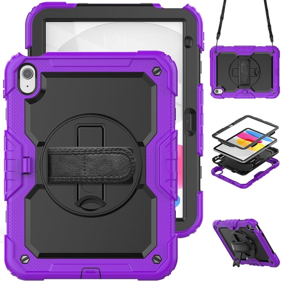 For iPad (A16)11th /10th Generation 11/10.9 inch 2025/2022 Case, 360 Rotating Shockproof Cover with Stand, Screen Protector, Shoulder Strap, Purple