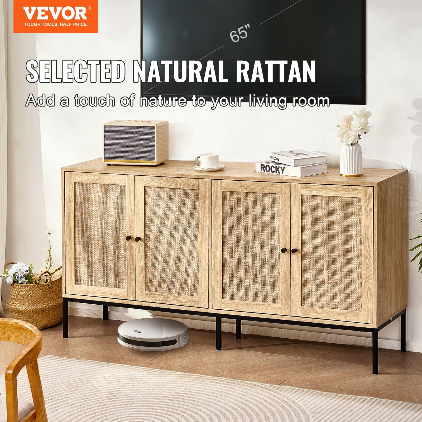 VEVOR Accent Cabinet, Rattan Storage Cabinet with 4 Magnetic Doors and Adjustable Shelves, Sideboard Buffet Cabinet for Hallway, Entryway, Living Room, or Kitchen, Natural