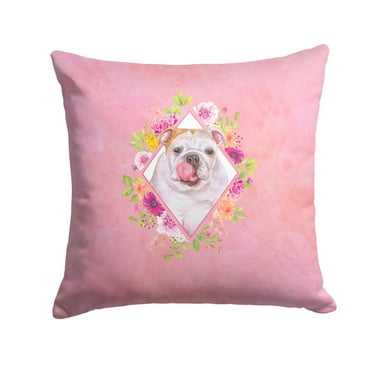 English Bulldog Pink Flowers Fabric Decorative Pillow